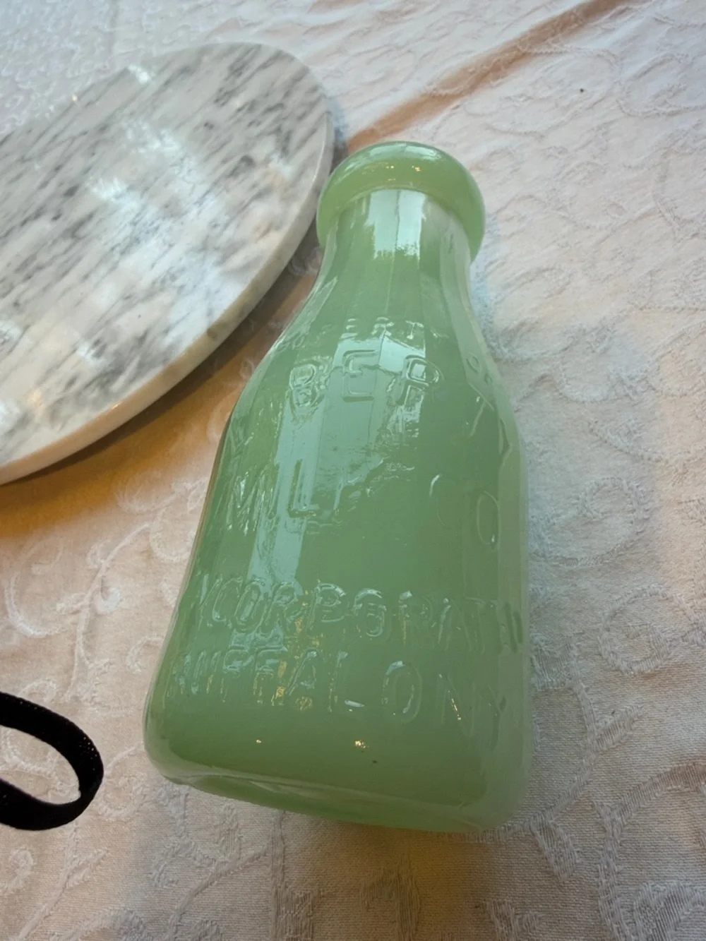 Vintage Jadeite Green Milk Glass Bottle- Property of Liberty Milk Co.